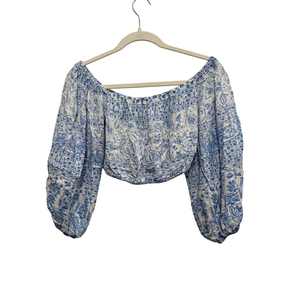 Billabong Floral Toile Off The Shoulder Crop Top milkmaid blue white Small boho